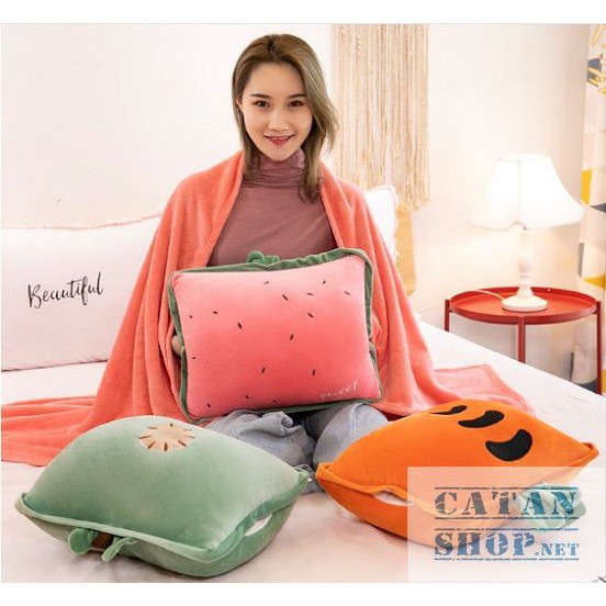 GỐI MỀN 3in1 Gối mền TRÁI CÂY VUÔNG siêu cute, nỉ nhung siêu mịn, chăn gối văn phòng, gấu bông kèm mền GM73-TraiCayVuong