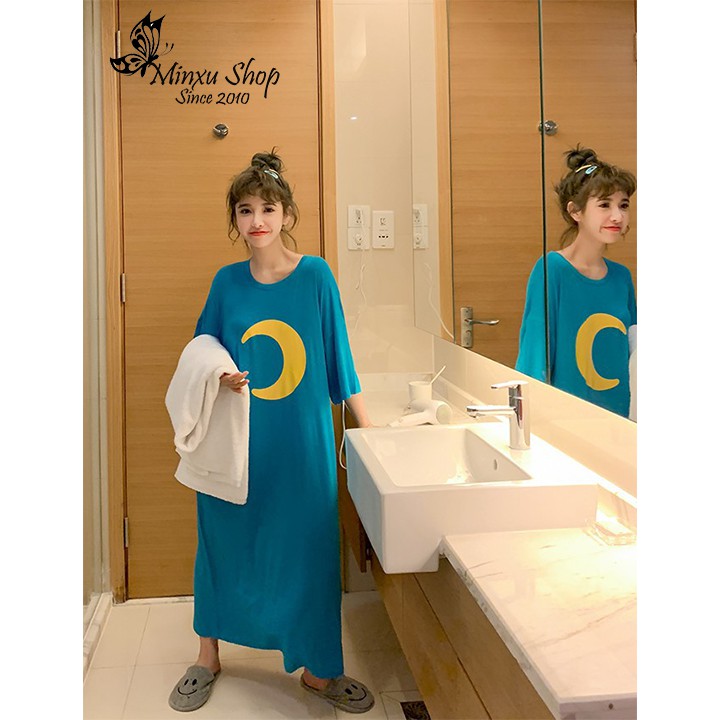 Váy ngủ đầm ngủ mặc nhà cotton dáng suông siêu dài Minxu Shop - chất cotton mềm mại - phong cách Hàn Quốc (Mã SM)