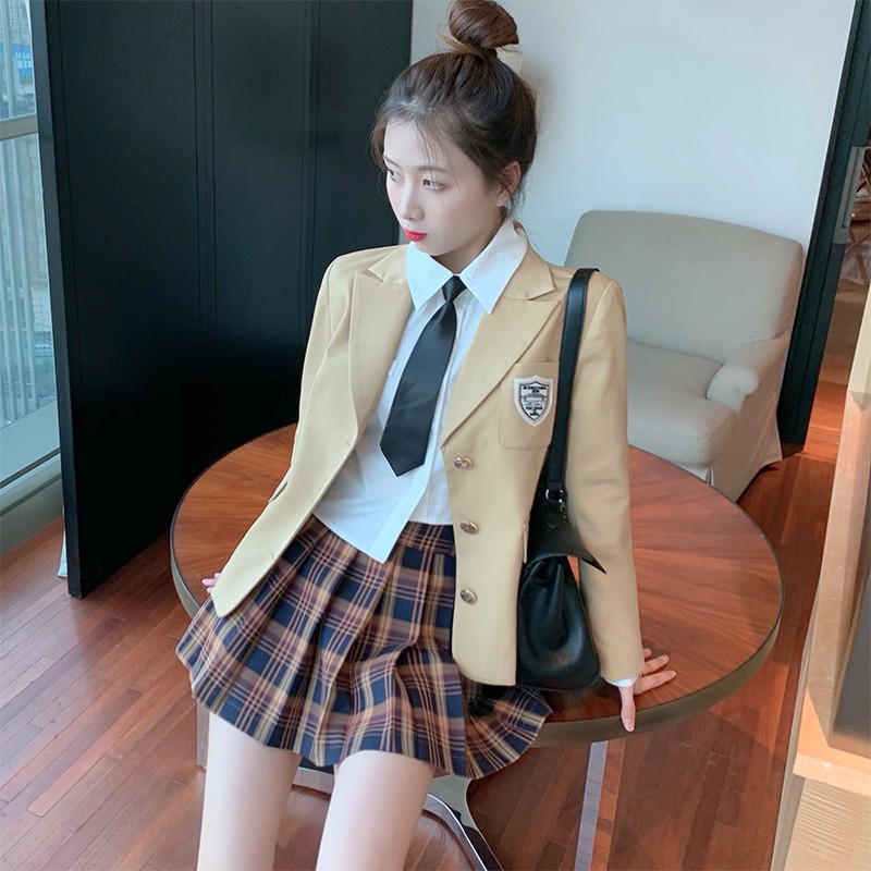 Set váy xếp ly kẻ sọc +Áo vest trơn màu phong cách Hàn Quốc | BigBuy360 - bigbuy360.vn