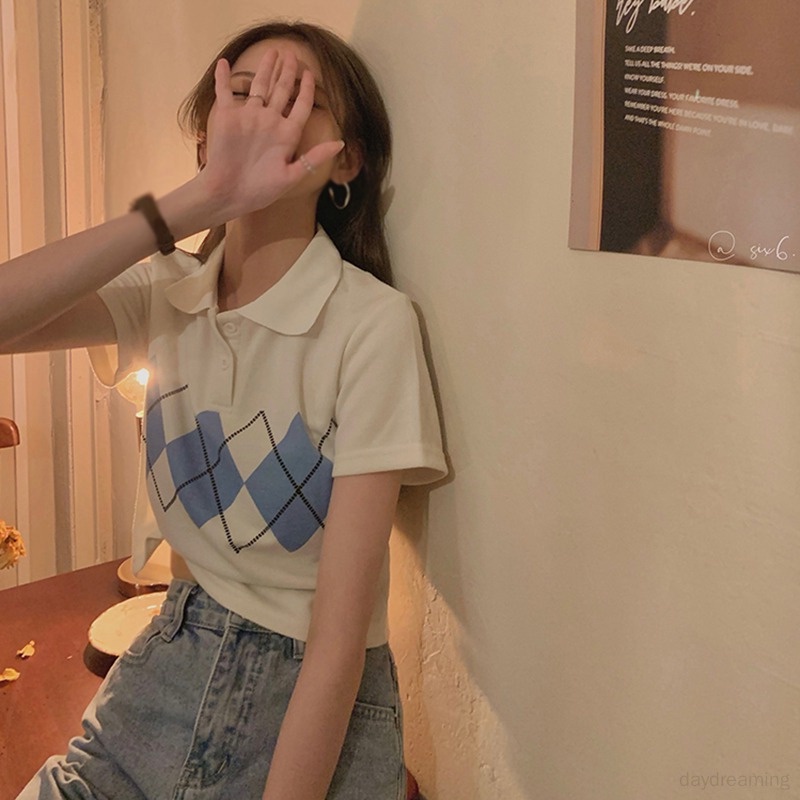 Áo Croptop Ngắn Tay Họa Tiết Hình Thoi Thời Trang Cho Nữ