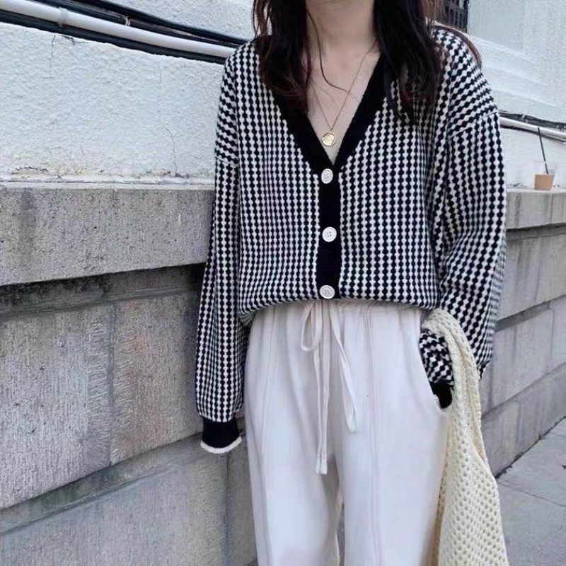 Áo khoác len cardigan cổ chữ V dáng rộng họa tiết kẻ sọc màu tương phản thời trang Hàn Quốc