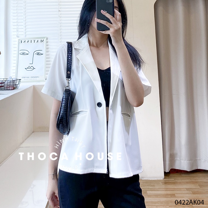 Blazer khoác vest nữ tay ngắn 1 lớp túi mổ trơn trắng, đen, rêu THOCA HOUSE mỏng mát thoải mái, sang trọng