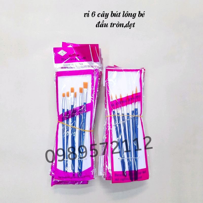 Vỉ 6 cây cọ vẽ màu nước ,bút lông tô tượng thân nhỏ.