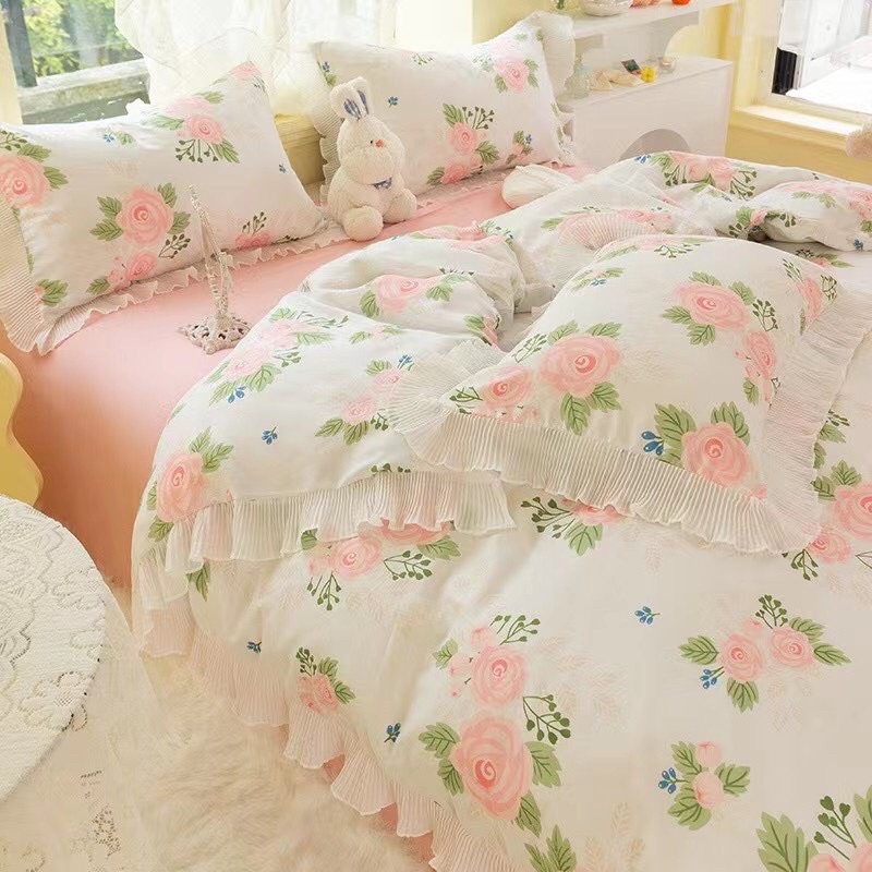 Freeship🌈Bộ chăn ga gối cotton tici bèo vintage nữ tính❤️set vỏ 4 món hàng nhập loại 1- may ga theo yêu cầu