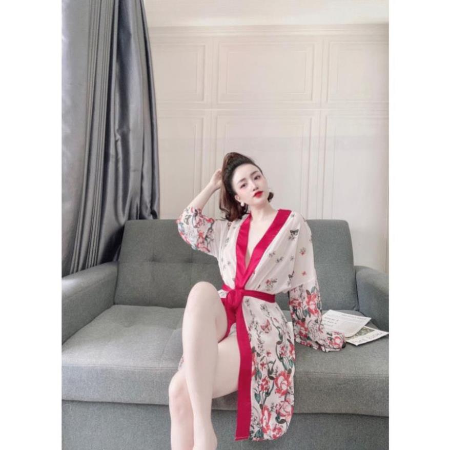 Áo Choàng Ngủ Sexy, Áo Ngủ Kimono Sexy, Áo Choàng Xuyên Thấu Chất Voan Hoa Phối Quần Satin Trơn Cao Cấp, Gợi Cảm, Thu Hú | BigBuy360 - bigbuy360.vn