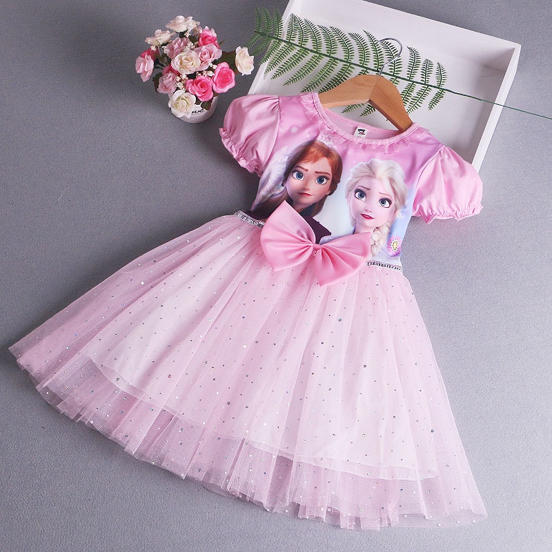 Đầm Ngắn Tay Họa Tiết Hoạt Hình Frozen Thời Trang Mùa Hè Dành Cho Bé Gái
