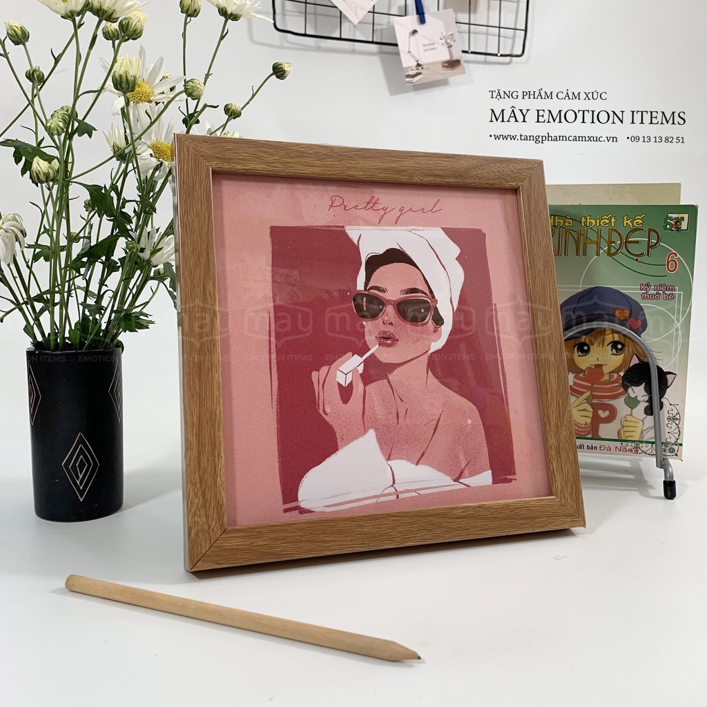 Tranh decor 20*20cm khung gỗ kính để bàn treo tường