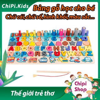 Bảng gỗ học cho bé 6 in 1 CHỮ CÁI,CHỮ SỐ,MÀU SẮC,HÌNH KHỐI,PHƯƠNG TIỆN GIAO THÔNG,CÂU CÁ