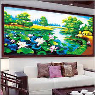Tranh thêu chữ thập phong cảnh đầm sen mn0118 kt 120x65 cm/ 160x85 cm