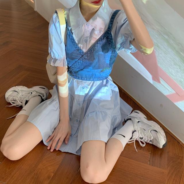 Set đầm tay phồng + áo không tay phong cách retro xinh xắn dành cho nữ