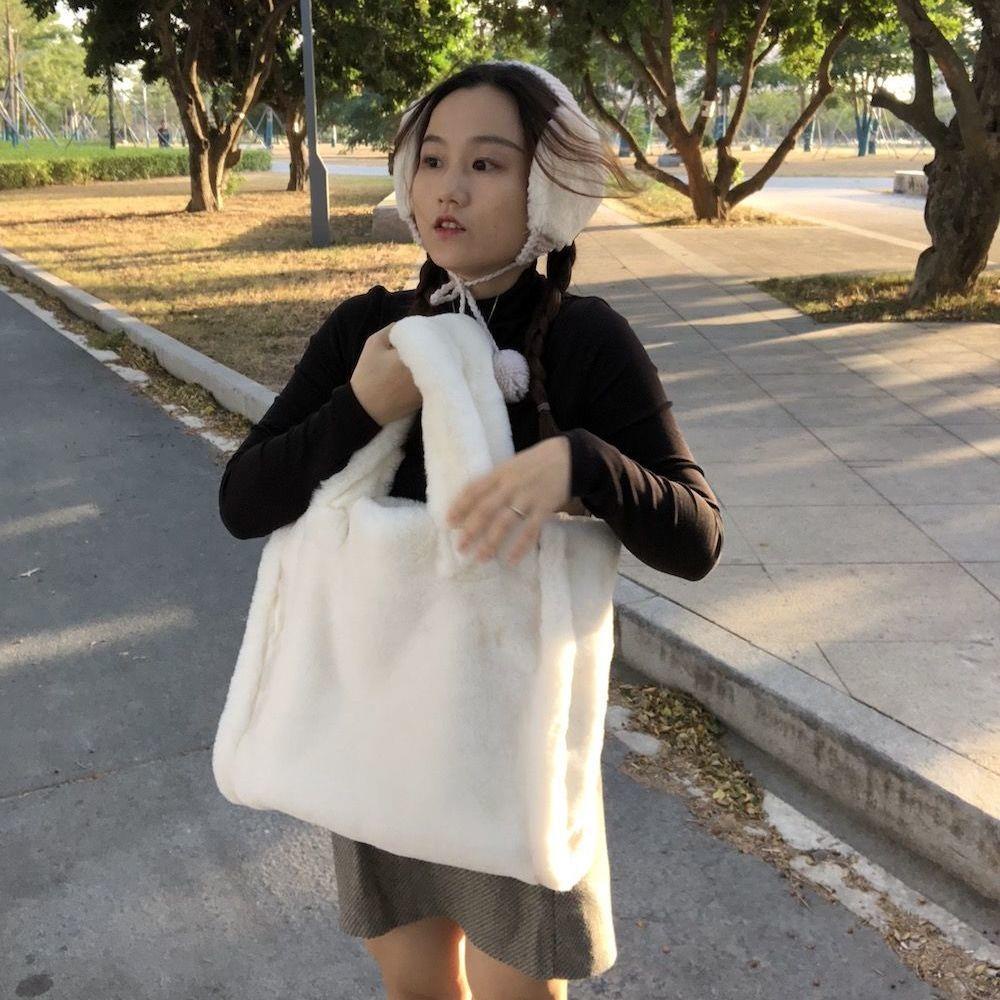 Quay Đẹp!Tương Thích Thu Đông!Túi Tote Đeo Vai Bằng Lông Thú Kích Thước Lớn Di Động Thiết Kế 2021