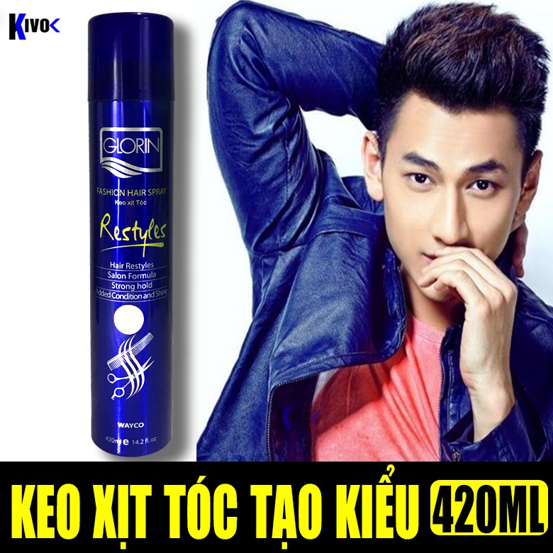 Keo Xịt Tóc Cứng Glorin Xanh - Xịt Tạo Kiểu Tóc Cho Nam Nữ - Keo Vuốt Tóc Dạng Xịt / Gôm Xịt Giữ Nếp 420ML - Kivo