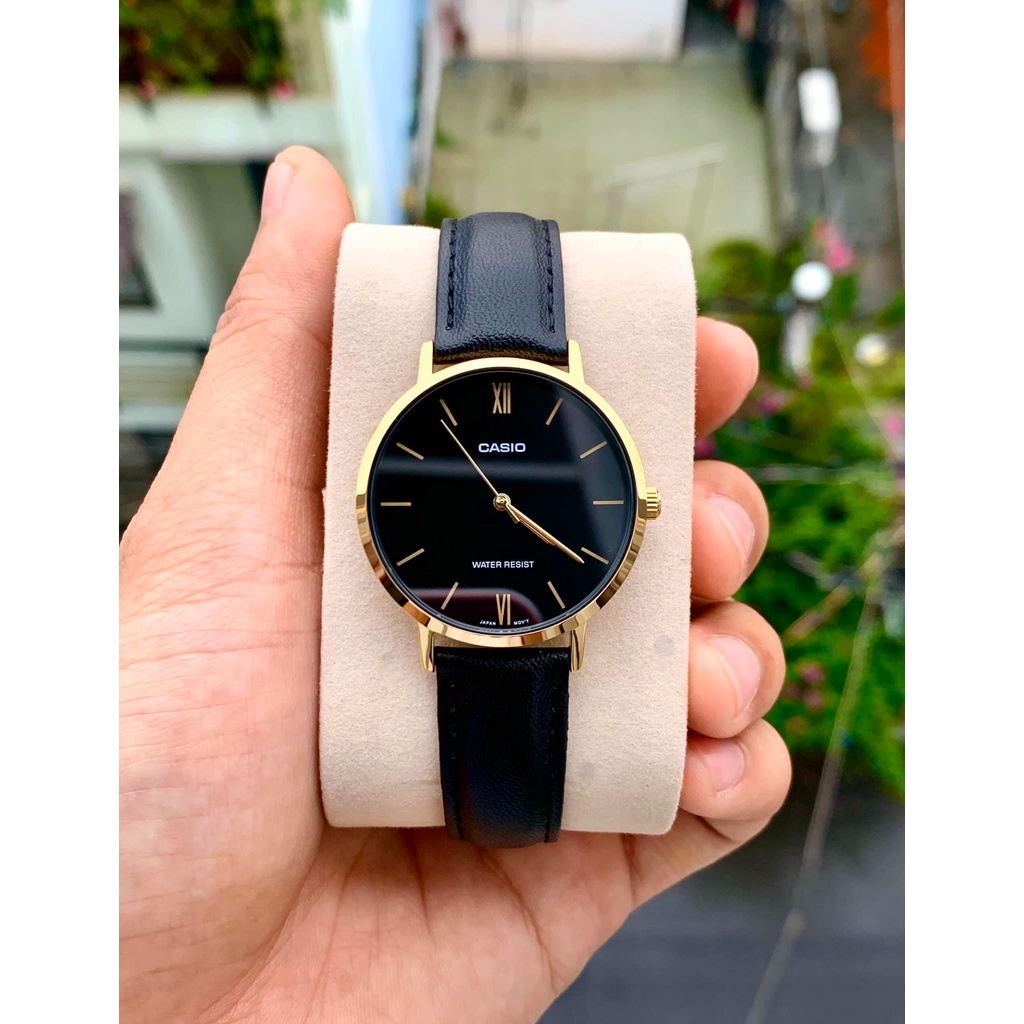 Đồng hồ Nữ Casio LTP-VT01GL-1B, đồng hồ chính hãng, dây da đen mặt đen, viền vàng