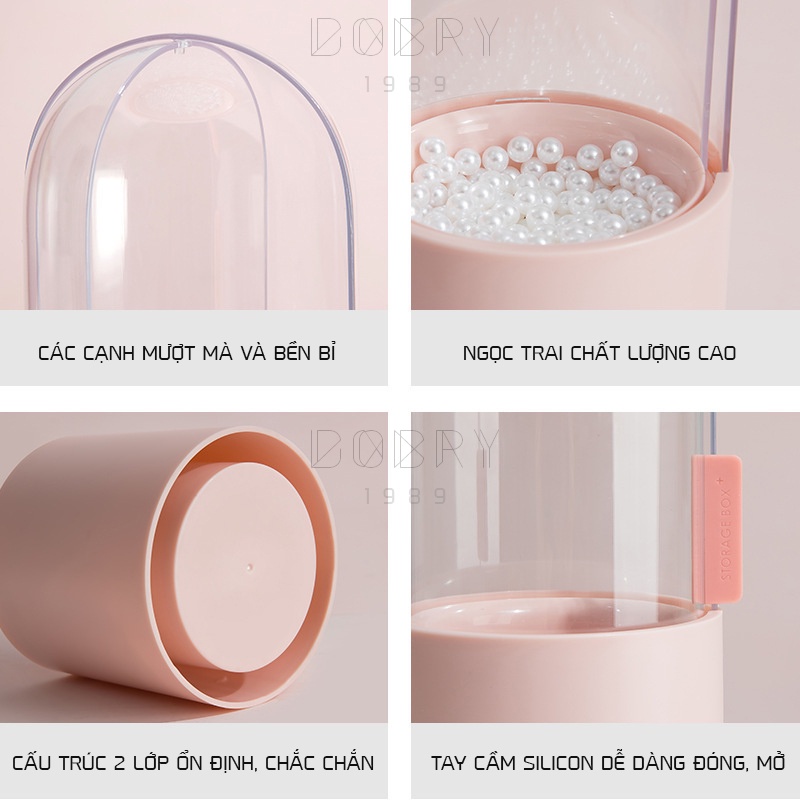 Hộp đựng cọ trang điểm bằng nhựa trong suốt, có nắp xoay 360 độ chống bụi. Tặng kèm túi ngọc trai