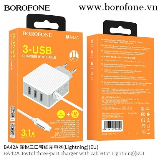 Cục Sạc Bộ Sạc Borofone BA42A Iphone Lightning 1m 3 Cổng USB PC Chống cháy