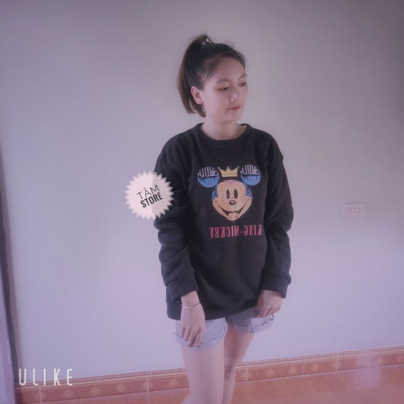 Áo Sweater 3158 unisex hình Mickey- Áo nỉ 2 lớp nam nữ, áo nỉ cotton dày dặn form rộng 65kg