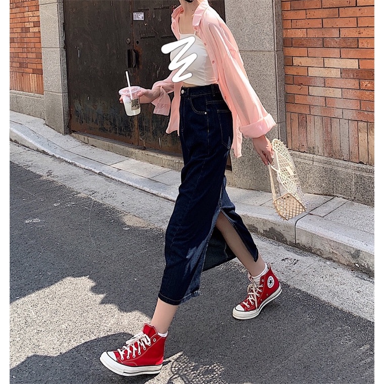 Chân váy bò dài xanh đậm