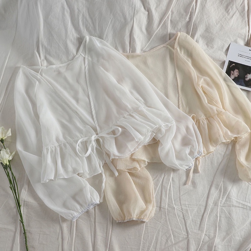 Áo sơ mi chiffon IELGY dáng ngắn tay dài có dây buộc diềm xếp nếp độc lạ cho nữ