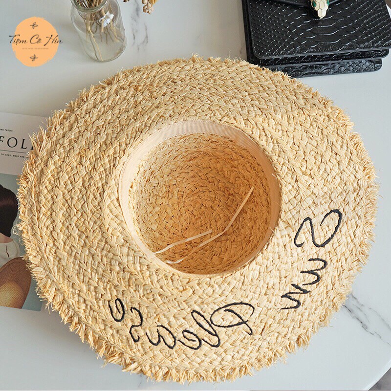 Mũ cói rộng vành thêu chữ Sun Please Tiệm Cô Hìn vành 12cm kiểu dáng trẻ trung thích hợp đi biển ship 1h lỗi 1 đổi 1