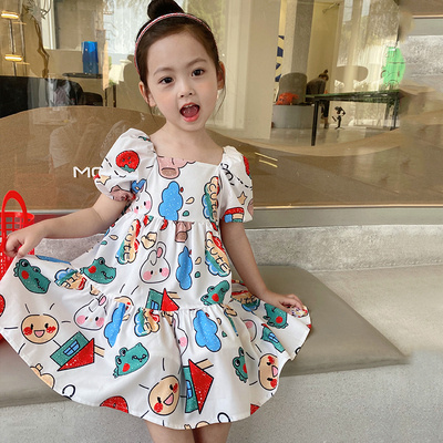 Đầm Tay Phồng Cổ Vuông In Họa Tiết Hoạt Hình Hàn Quốc Dễ Thương Cho Bé Gái