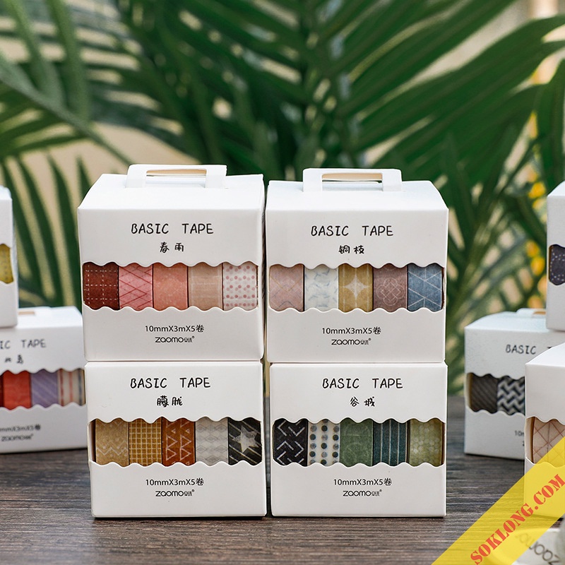 Set 5 băng dính washi tape dài 3m trang trí sổ bullet journal, nhật ký, thiệp handmade, đồ DIY