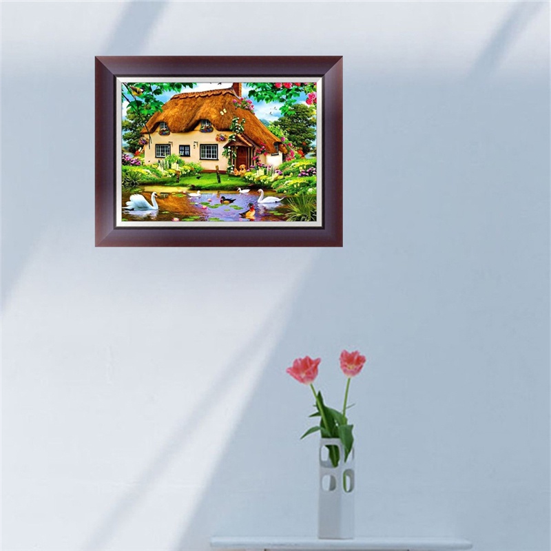 Tranh Thêu Chữ Thập Đính Đá Kim Cương 5D DIY Hình Vẽ Ngôi Nhà