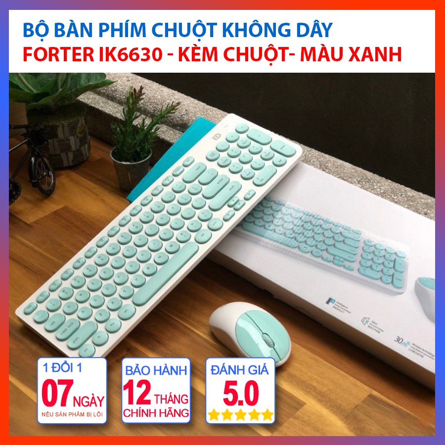 Bộ Bàn Phím Chuột Không Dây Forter IK6630 Màu Xanh - Hàng Chính Hãng - Kết Nối Không Dây, Bảo Hành 12 Tháng