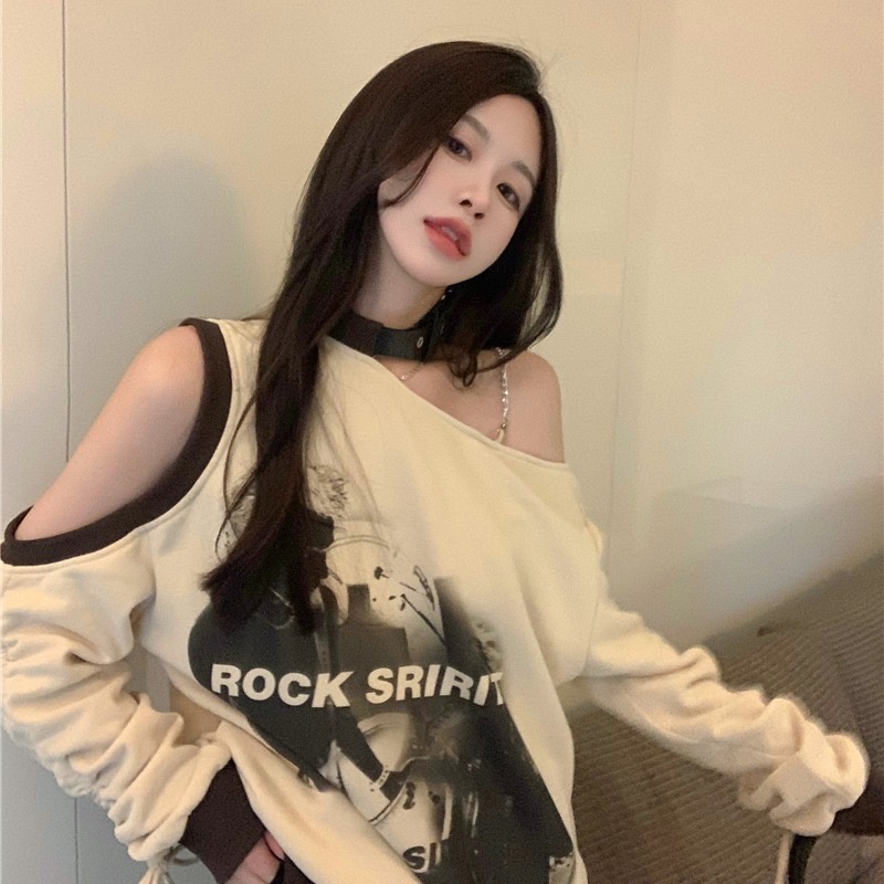 Áo Thun Tay Dài Trễ Vai Dáng Rộng In Chữ Thời Trang Mùa Thu