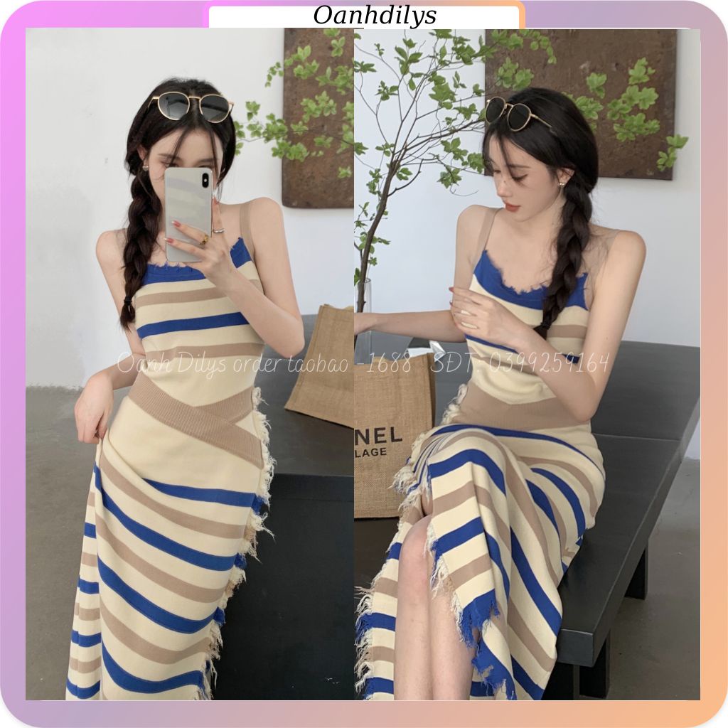 Váy len hai dây dáng dài, đầm len 2 dây sọc ngang xẻ đùi chất len cao cấp hàng order Taobao nhà Oanhdilys