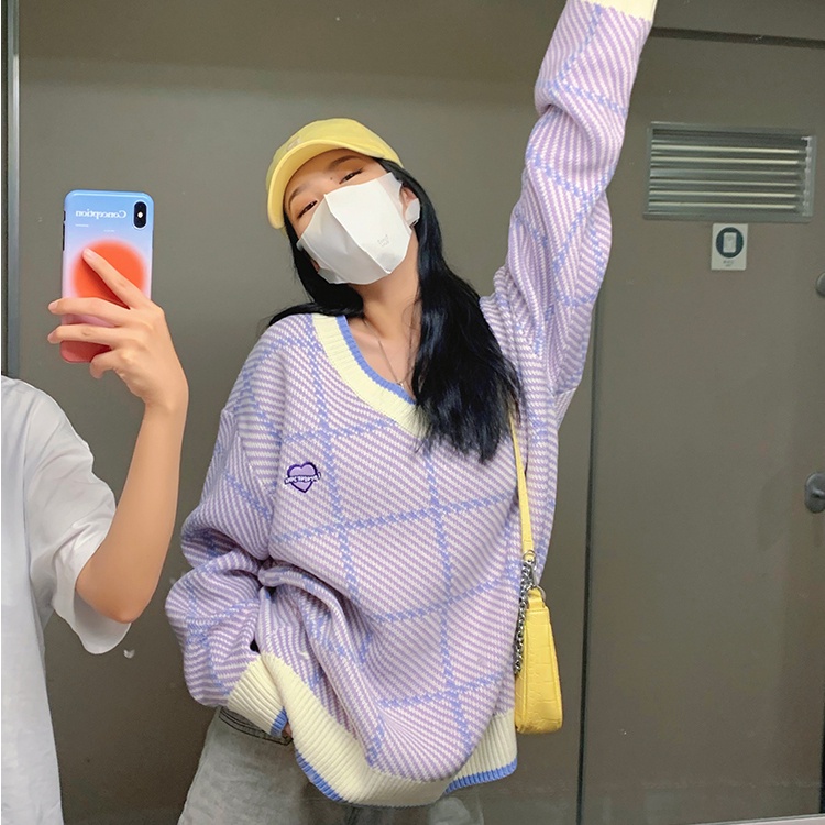 Áo sweater SUXI dệt kim cổ v dáng rộng kẻ sọc kiểu vintage thời trang mùa thu cho nữ