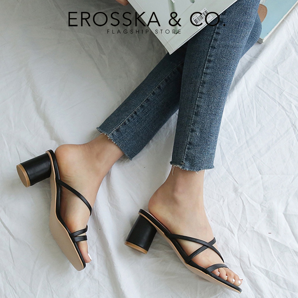 Erosska - Dép cao gót nữ mũi vuông phối dây quai mảnh sang trọng cao 5cm màu nâu - EM092