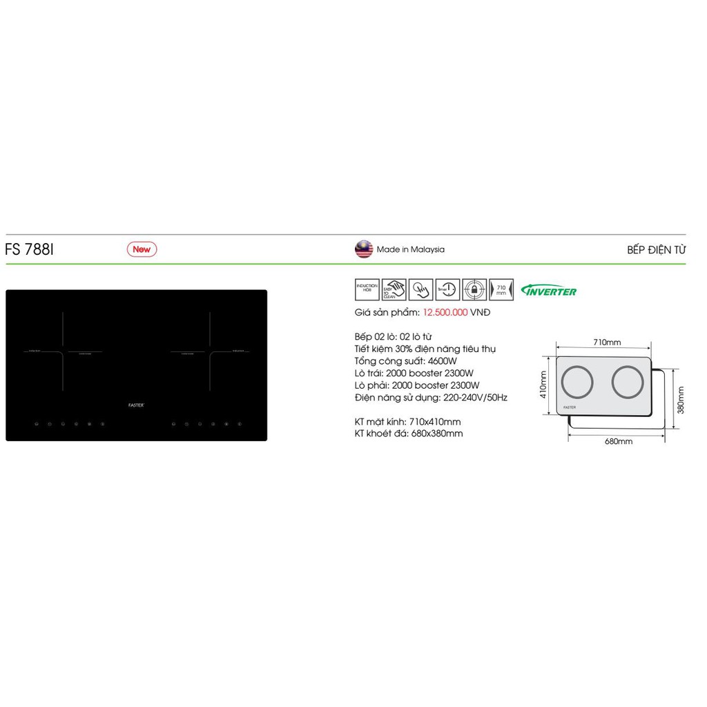 Bếp từ đôi Faster FS 788I ✅Nhập khẩu Malaysia - Bếp điện 2 lò từ Inverter - Bảo hành chính hãng 2  năm