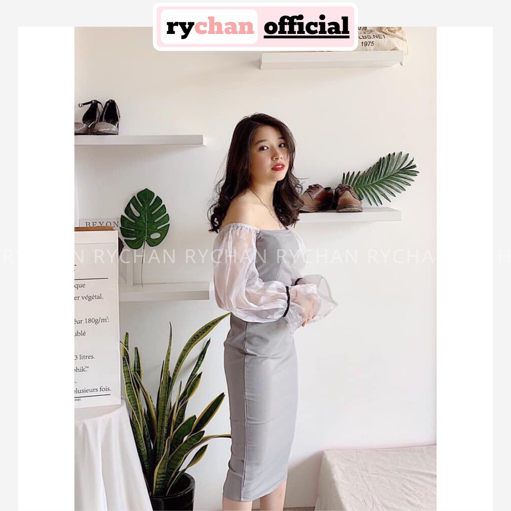 DO851 - Đầm Xám Phối Tay Voan Phồng Sang Trọng Đầm Suông Form Đẹp Đầm Suông Tay Voan