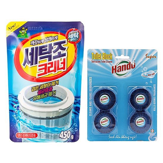 Combo Gói bột tẩy vệ sinh lồng máy giặt siêu sạch 450g Hàn Quốc + Vỉ 4 viên tẩy xanh khử mùi bồn cầu Hando