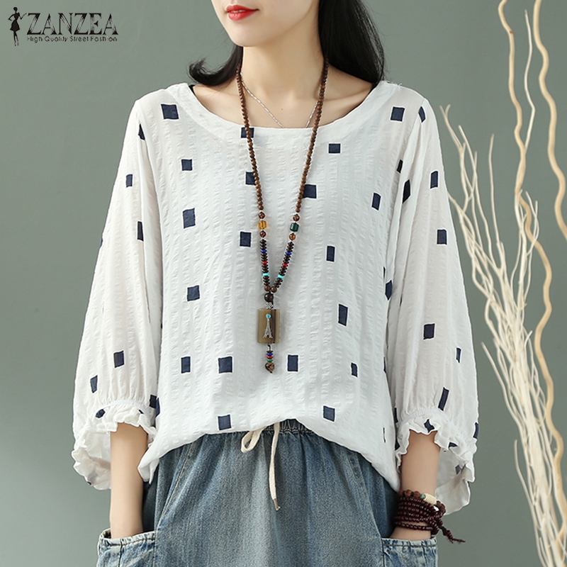 Áo Kiểu ZANZEA Cho Nữ Thiết Kế Dài Tay Cổ Tròn Dáng Dài Rộng Thời Trang Hàn Quốc
