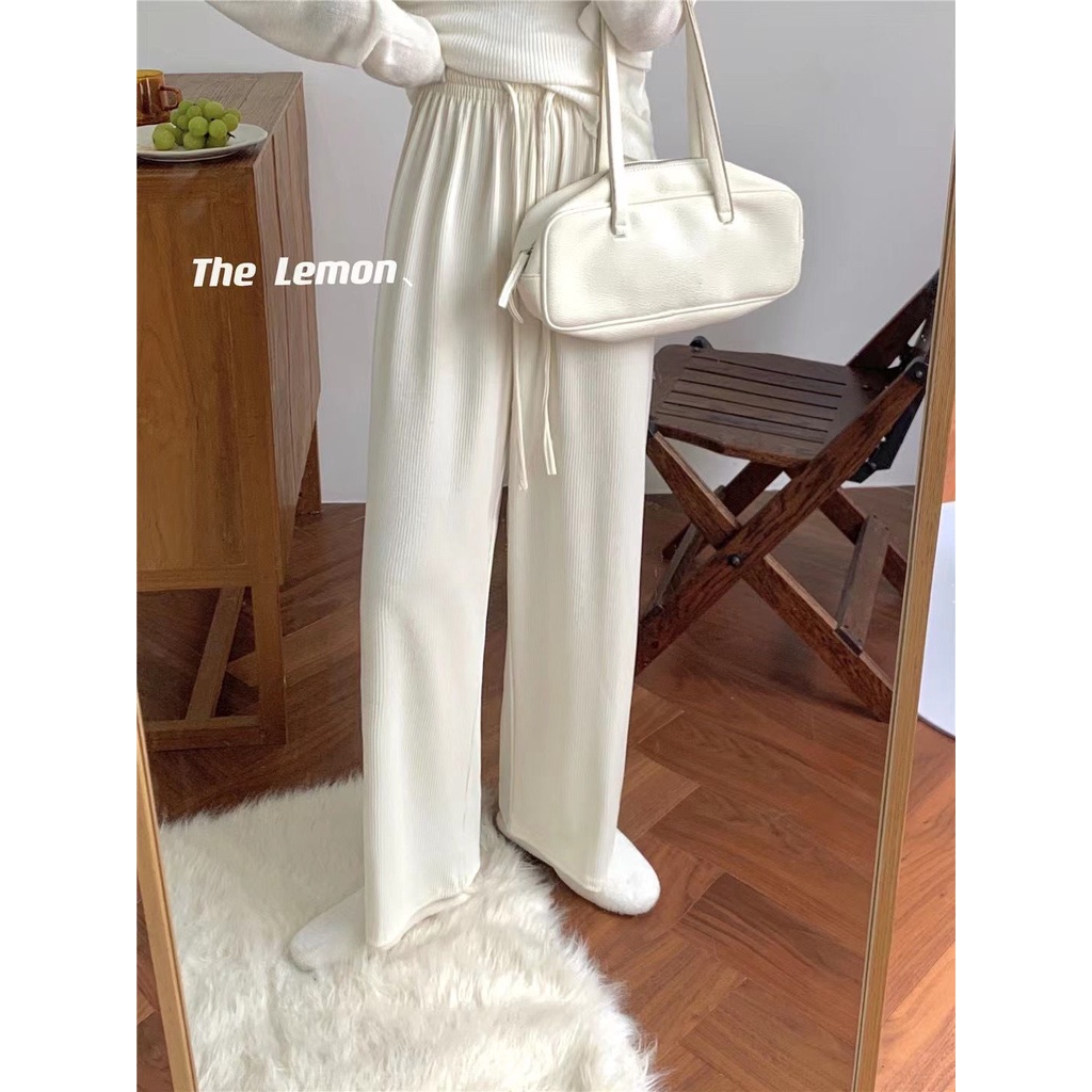 SUXI Quần Dài Lưng Cao Ống Rộng Màu Sắc Đơn Giản Phong Cách Hàn Quốc