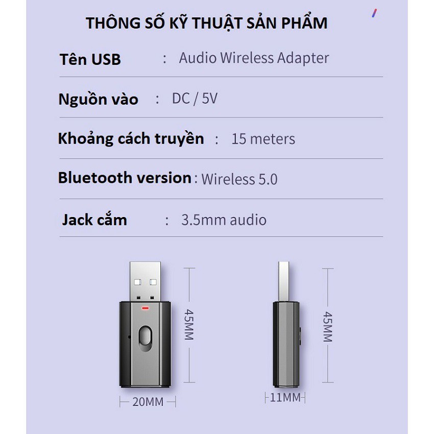 [FreeShip] Thiết bị thu, phát âm thanh kết nối Bluetooth 5.0 Aux Rca cổng cắm Usb 3.5mm cho TV PC xe hơi