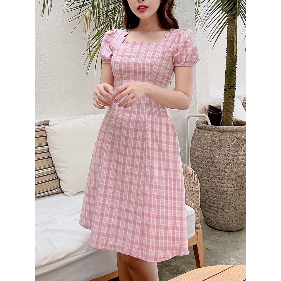 Đầm caro cổ vuông gợn sóng thanh lịch Rebecca C351 Cin House