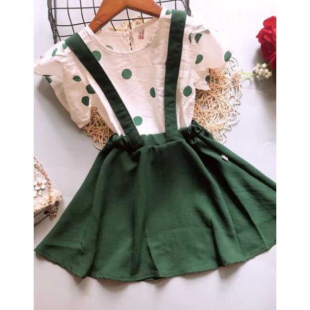Sét váy yếm mẫu áo chấm bi cánh tiên siêu xinh cho bé