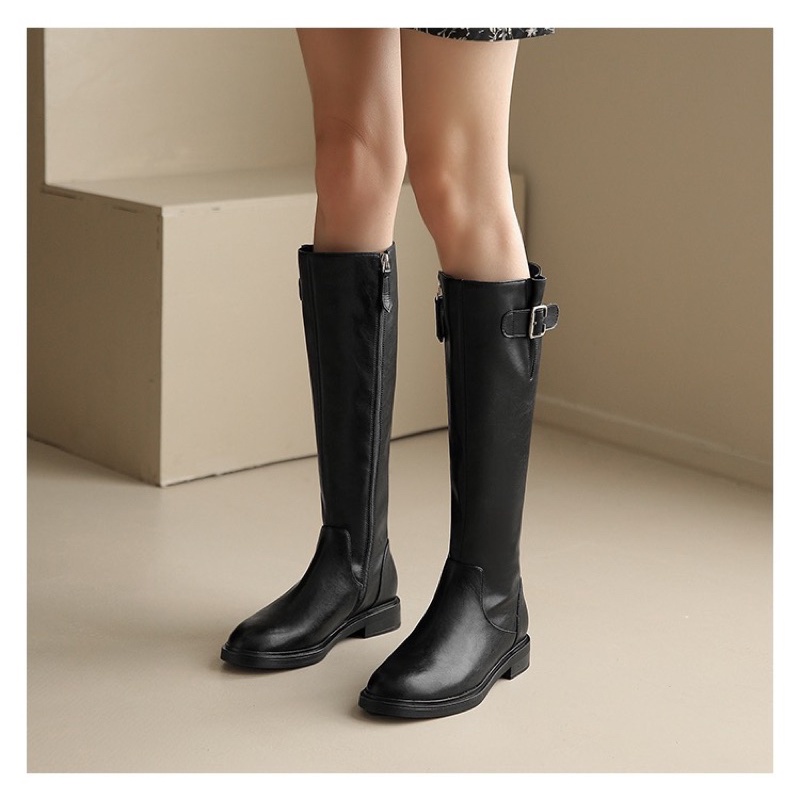 Giày boots bốt đùi cao cổ mũi tròn da PU mềm thanh lịch khoá kéo sau đế cao 3.5cm Yannie