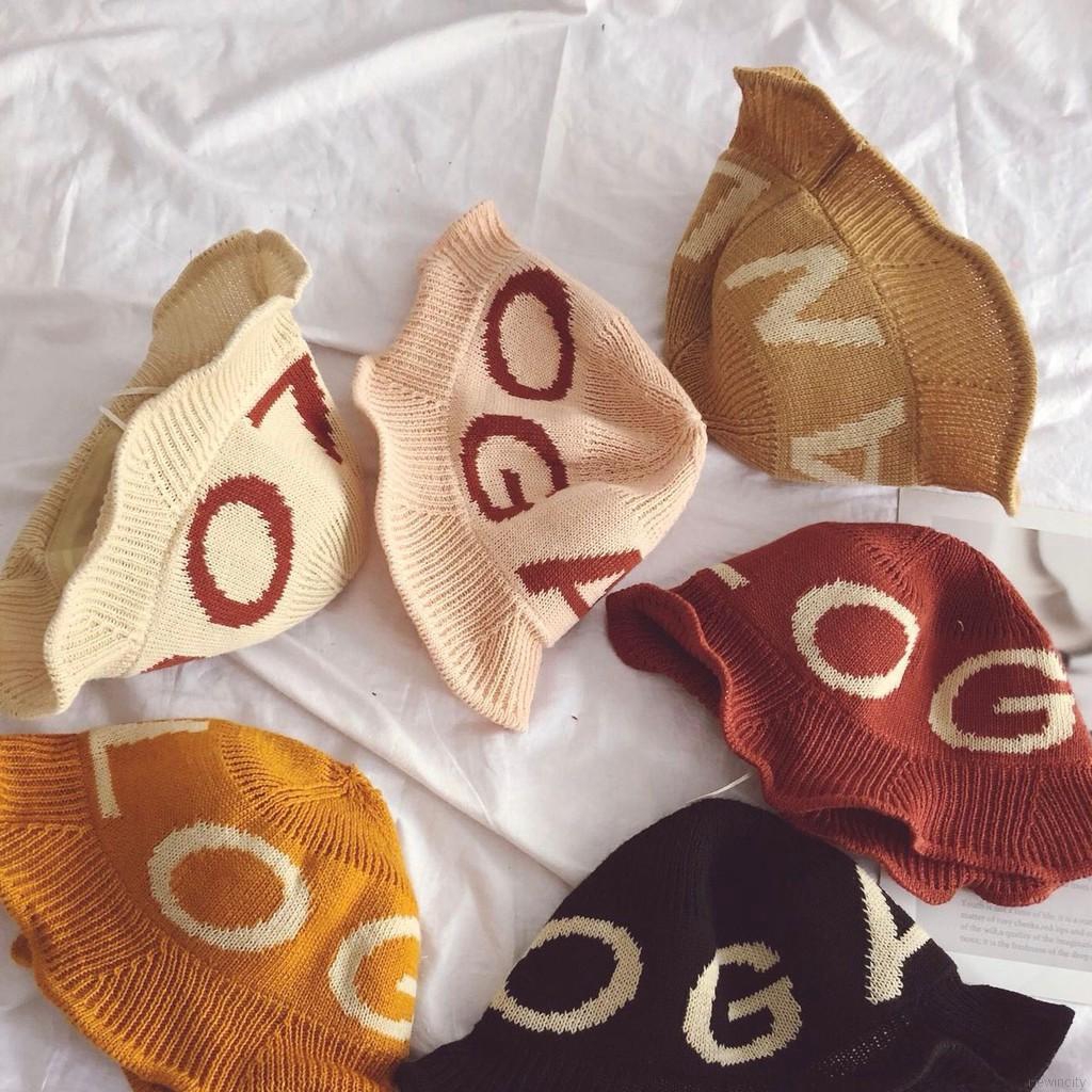 Nón Bucket dệt kim hoạ tiết chữ in phong cách Hàn Quốc cho bé