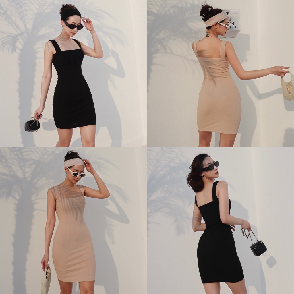 Váy Body 2 Dây Bản To Tặng Kèm Turban, Váy Body Đen Be Dáng Ngắn Chất Thun Gân Co Giãn - Choose Me KLP