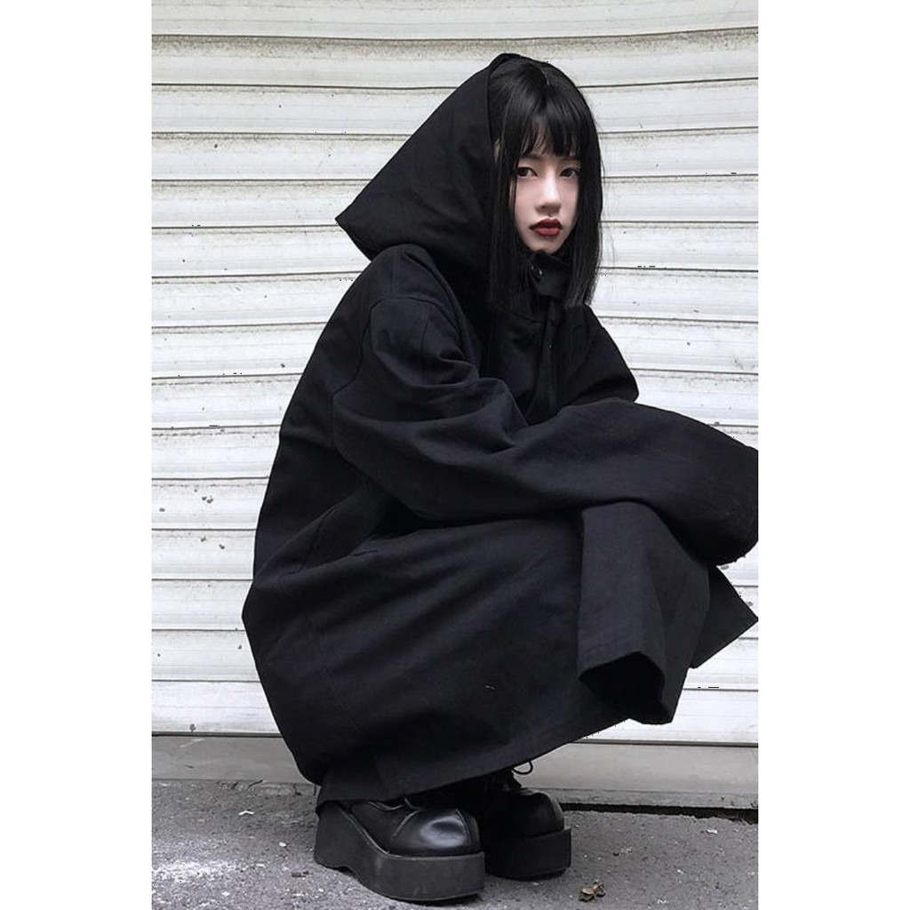 Áo khoác nữ màu đen tay dài có nón có cúc áo kiểu dài ulzzang