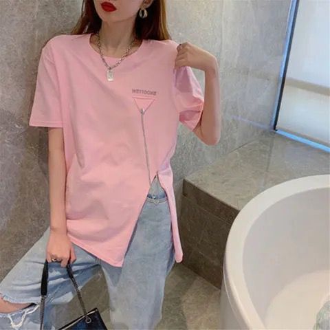 Áo Thun Cotton Trơn Dáng Rộng Xẻ Tà Phối Dây Xích Thời Trang Mùa Hè Dành Cho Nữ 2022