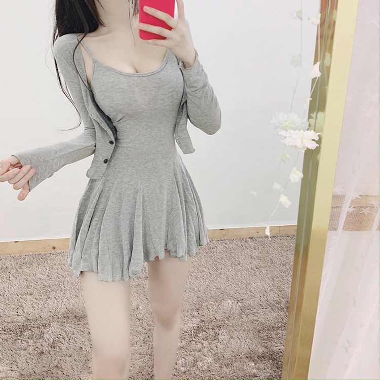 Set đồ COZOKC gồm đầm hai dây và áo khoác dáng ngắn ôm dáng chống nắng quyến rũ cho nữ