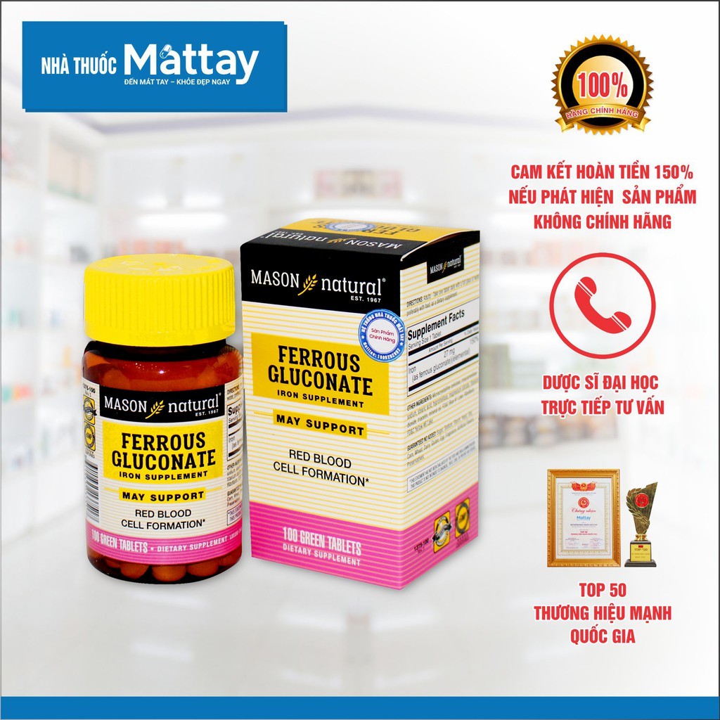 ✅ Mason Natural Ferrous Gluconate - Chai 100 viên - BỔ MÁU, TĂNG SINH TẾ BÀO HỒNG CẦU [Date xa]