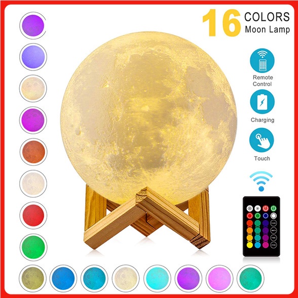 ⭐Còn hàng⭐ 3D LED Ánh sáng mặt trăng In Galaxy Star Space Moon Lamp Night Công tắc cảm ứng sạc USB 16 màu