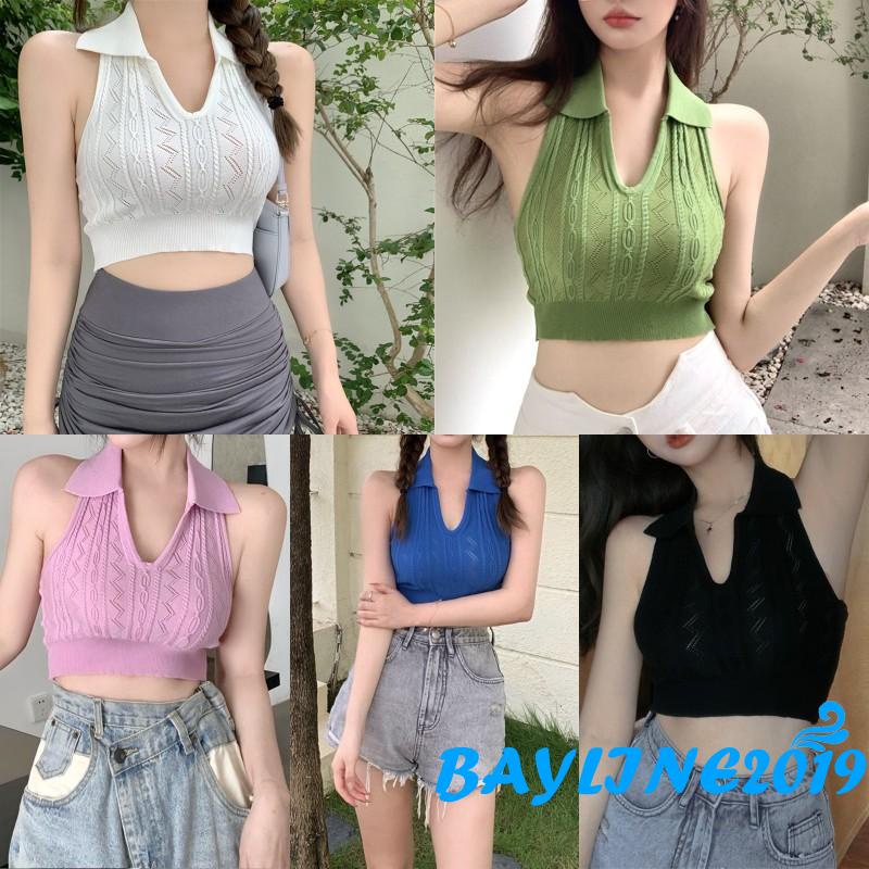 Áo sát nách dệt kim hở rốn cổ chữ V màu trơn gợi cảm thời trang dành cho nữ