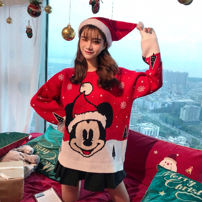 Áo sweater cổ tròn hoạ tiết chuột Mickey phong cách Giáng Sinh