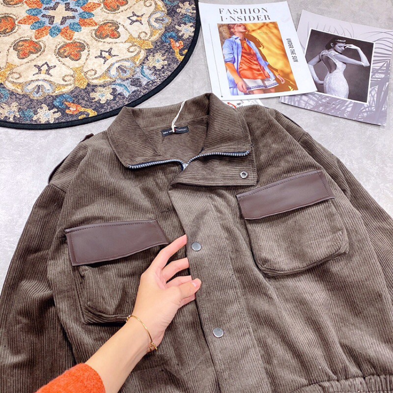 Áo khoác nhung phối da